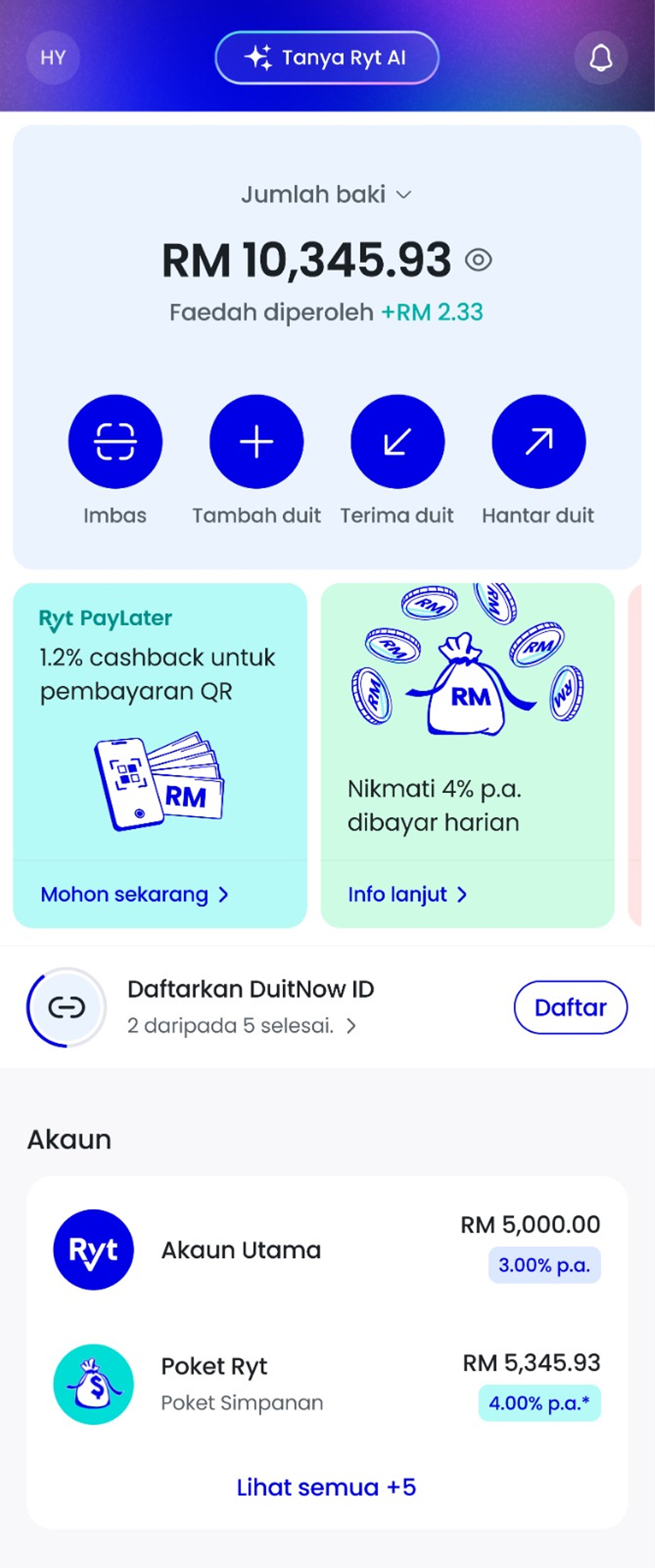 Ryt Bank menyatukan semua aspek kewangan anda, daripada simpanan dan faedah harian, sehinggalah kredit segera. - Foto Ryt Bank