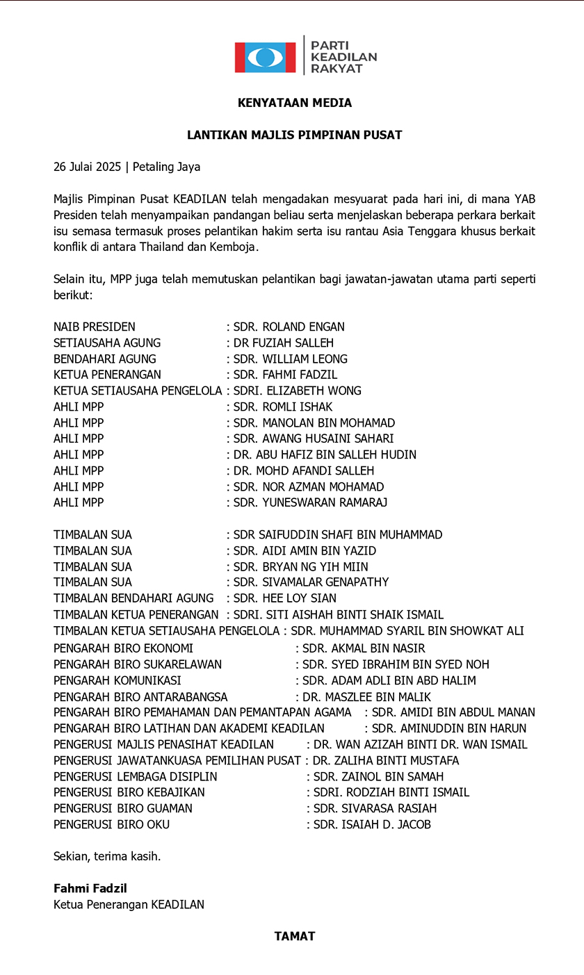 Senarai penuh MPP PKR