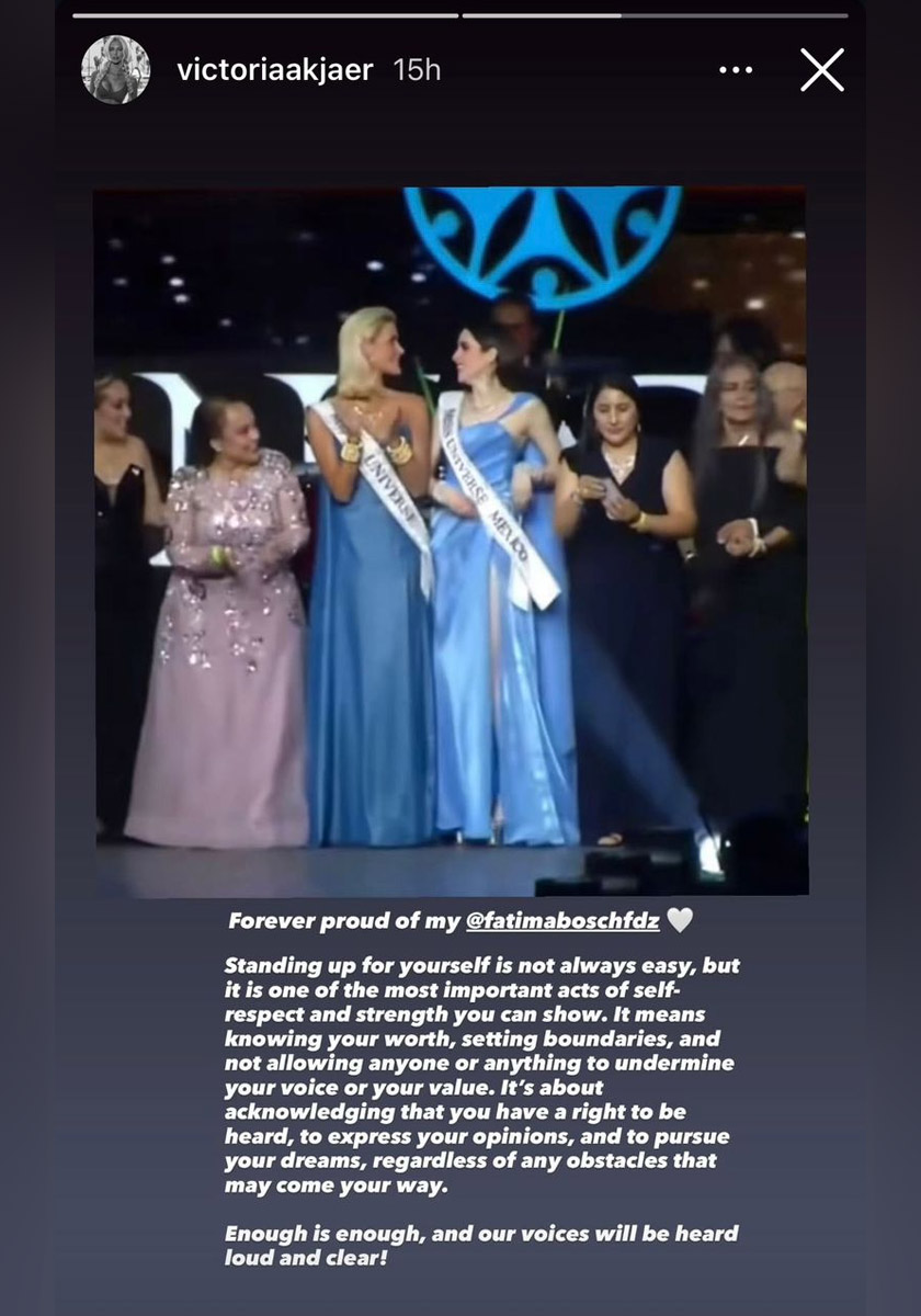 Miss Universe Denmark,  Victoria Kjaer Theilvig yang bangga dengan keberanian Bosch menegakkan maruah dan menunjukkan nilai diri seorang wanita.
