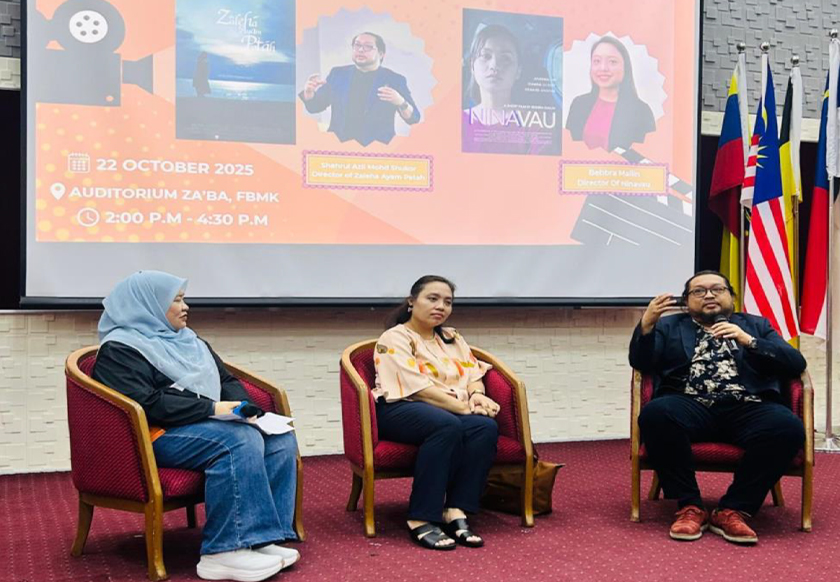 Diskusi filem pendek bersama Shahrul Azli Mohd Shukor (filem Zaleha Ayam Patah) dan Bebbra Mailin (tengah) bagi filem Ninavau dalam slot Rush & Reel.