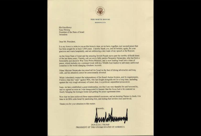 Screenshot of the letter Israeli President Isaac Herzog received from US President Donald Trump, calling on him to consider granting a pardon to Prime Minister Benjamin Netanyahu. - Screengrab/via REUTERS
